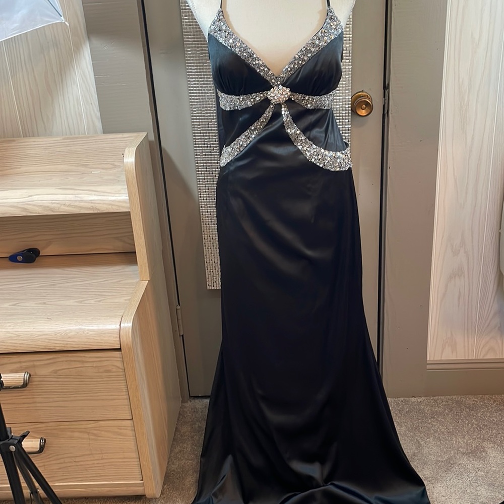 Sean couture  Black satin Gown with Bling and sparkle size M cross strap Back